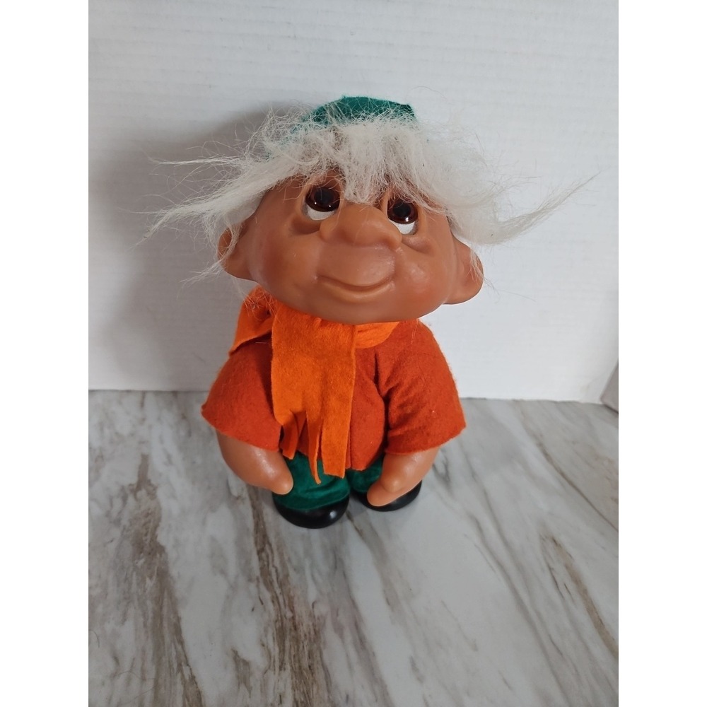 DAM 1982 DENMARK 10" Troll Doll Green Hat White Hair Orange Green Clothes #243